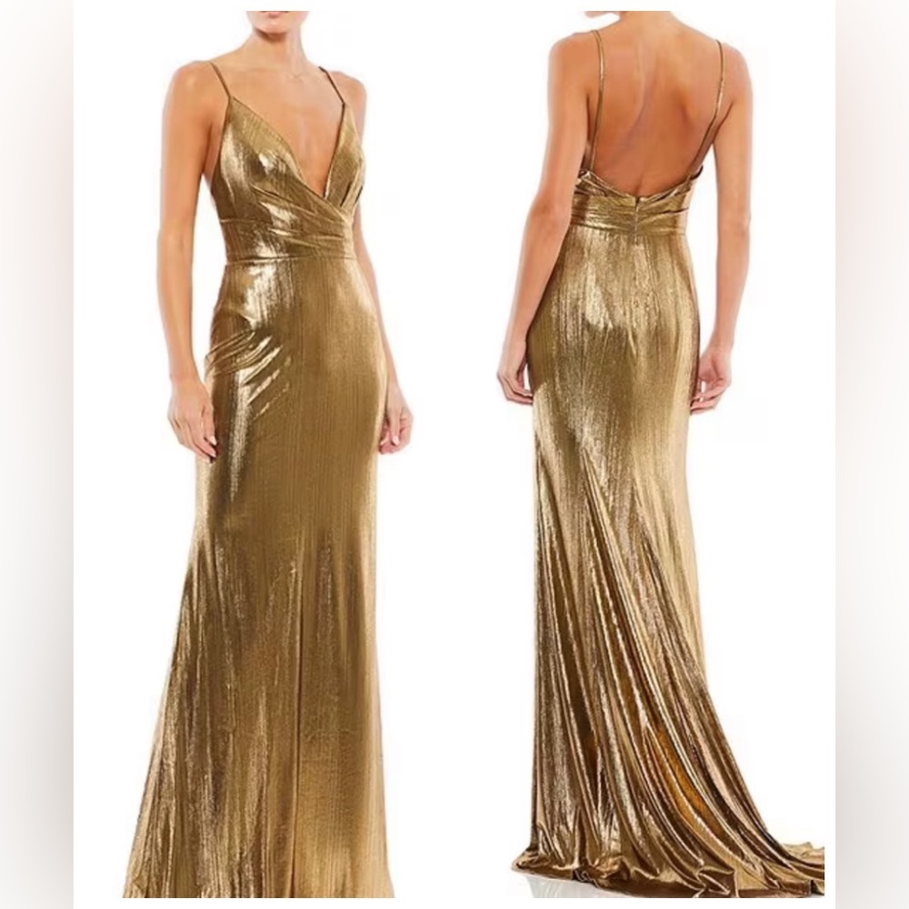 NEW Mac Duggal Metallic Gold Maxi Wrap Formal Gown Sz 0